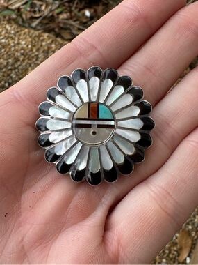 Vintage Zuni Sunface Sterling Silver Pin or Pendant with Stone inlay